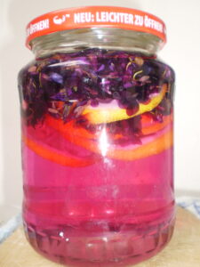 Rosa verfärbter Ansatz für Veilchensirup nach drei Tagen